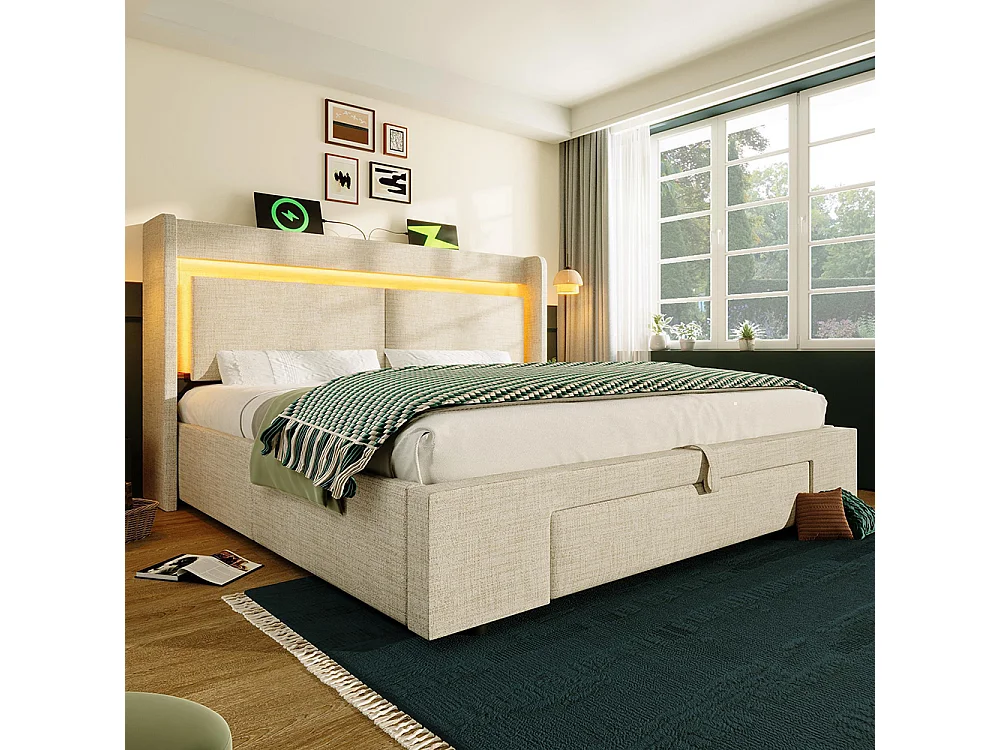 Lit adulte avec rangement hydraulique et compartiment de rangement, éclairage LED et ports USB et USB-C, beige, lin - 180x200 cm