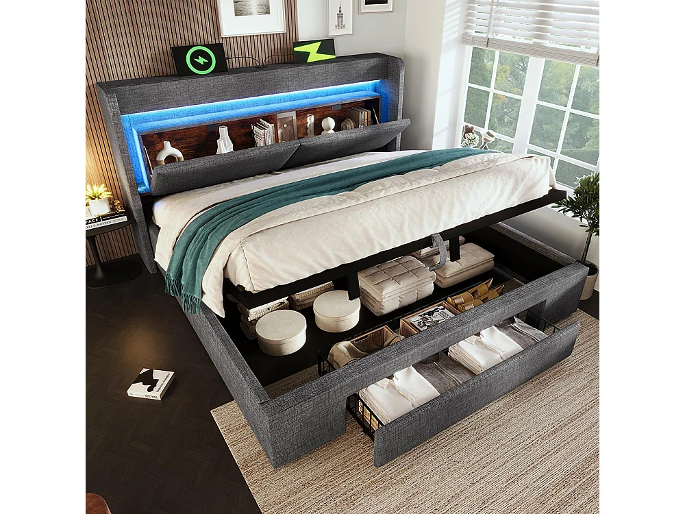 Lit adulte avec rangement hydraulique et tête de lit avec compartiment de rangement, éclairage LED et ports USB et USB-C, lin, gris - 180x200 cm