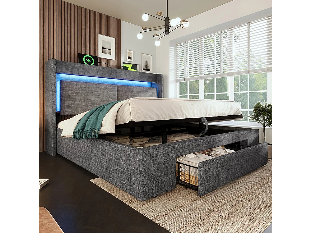 Lit adulte avec rangement hydraulique et tête de lit avec compartiment de rangement, éclairage LED et ports USB et USB-C, lin, gris - 180x200 cm
