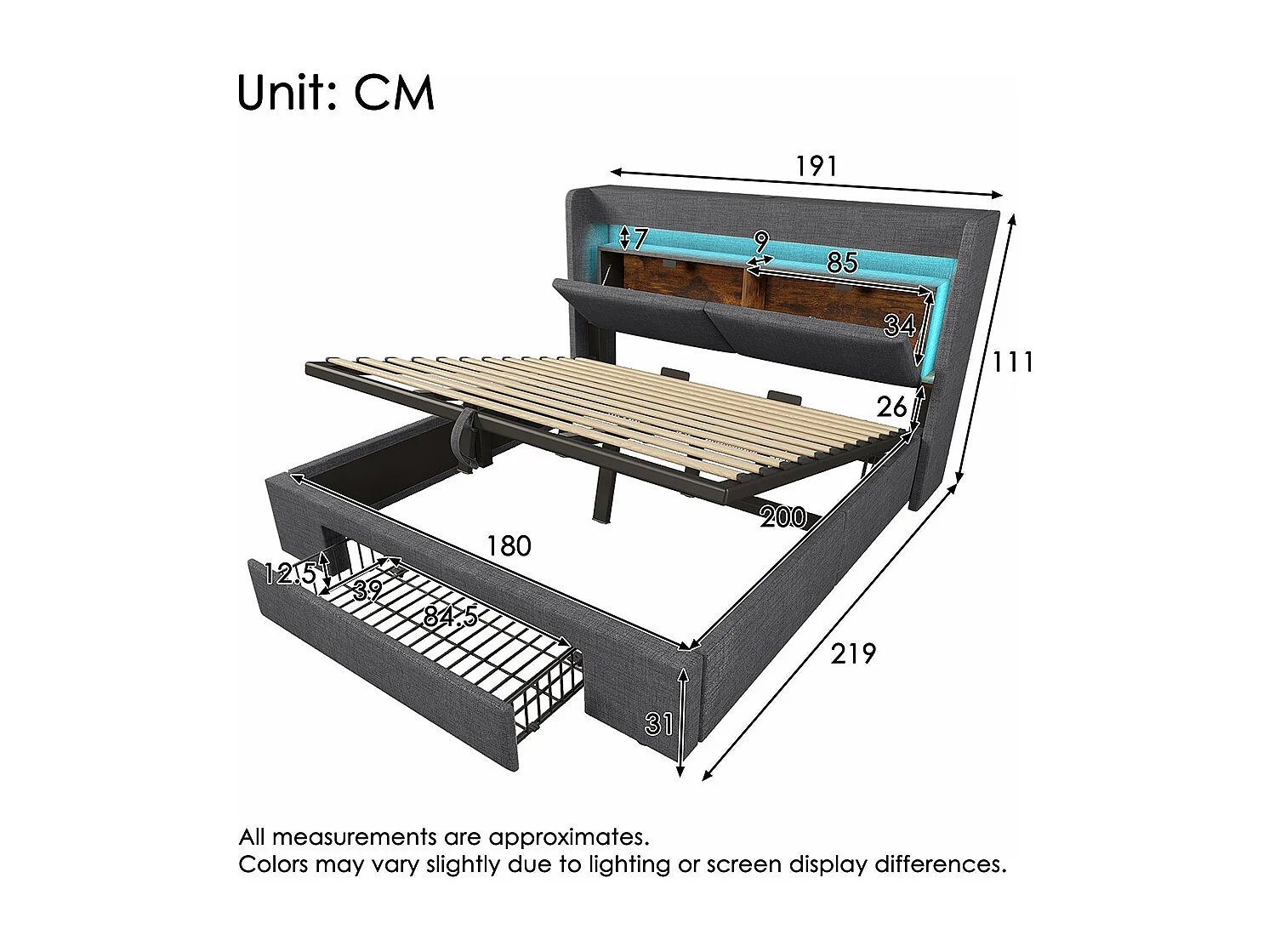 Lit adulte avec rangement hydraulique et tête de lit avec compartiment de rangement, éclairage LED et ports USB et USB-C, lin, gris - 180x200 cm