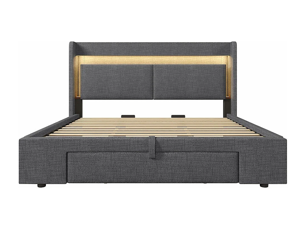 Lit adulte avec rangement hydraulique et tête de lit avec compartiment de rangement, éclairage LED et ports USB et USB-C, lin, gris - 180x200 cm