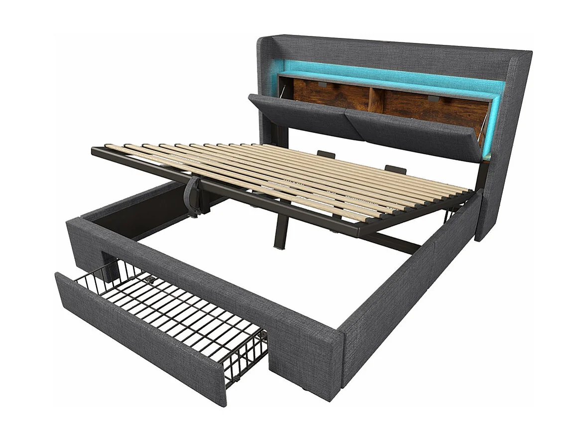 Lit adulte avec rangement hydraulique et tête de lit avec compartiment de rangement, éclairage LED et ports USB et USB-C, lin, gris - 180x200 cm