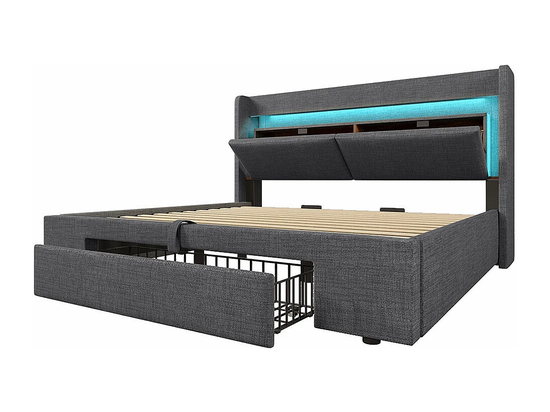 Lit adulte avec rangement hydraulique et tête de lit avec compartiment de rangement, éclairage LED et ports USB et USB-C, lin, gris - 180x200 cm