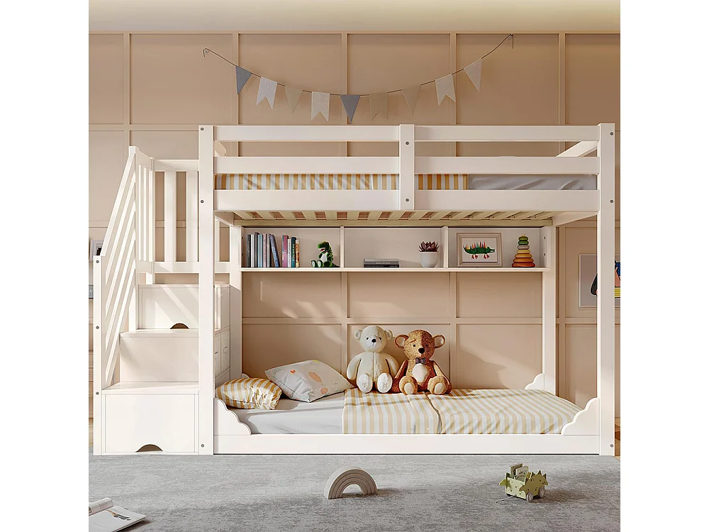 Stapelbed 90x200 cm, met trapmeubel en opbergruimte, van hout, met veiligheidshekken, wit