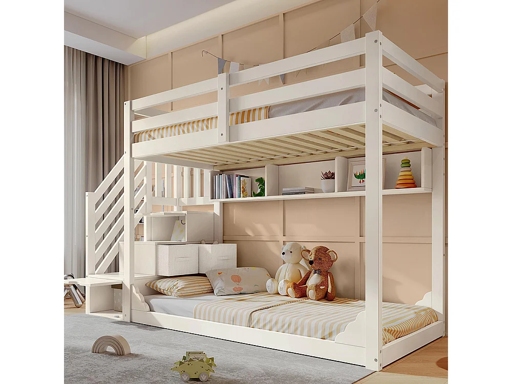 Stapelbed 90x200 cm, met trapmeubel en opbergruimte, van hout, met veiligheidshekken, wit