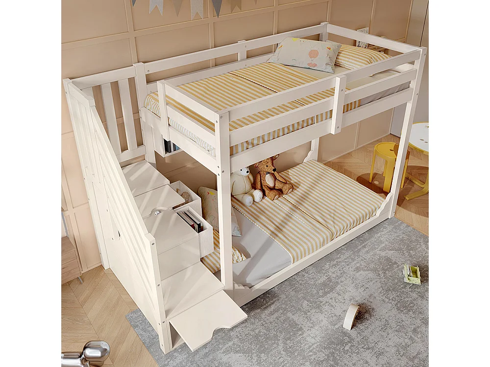 Stapelbed 90x200 cm, met trapmeubel en opbergruimte, van hout, met veiligheidshekken, wit