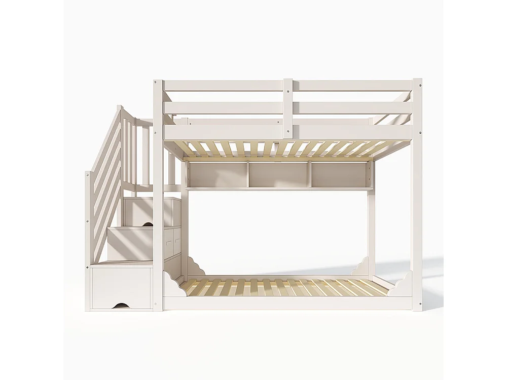 Stapelbed 90x200 cm, met trapmeubel en opbergruimte, van hout, met veiligheidshekken, wit
