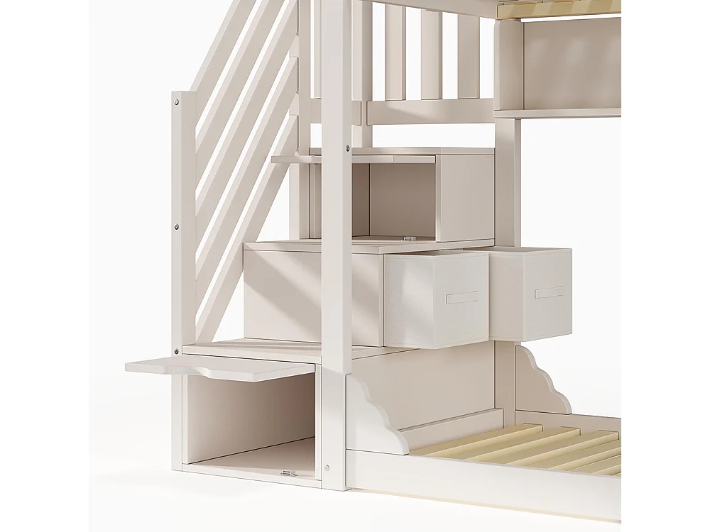 Stapelbed 90x200 cm, met trapmeubel en opbergruimte, van hout, met veiligheidshekken, wit