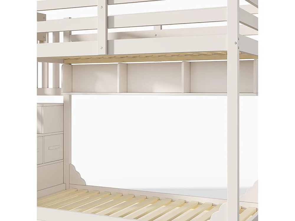 Stapelbed 90x200 cm, met trapmeubel en opbergruimte, van hout, met veiligheidshekken, wit