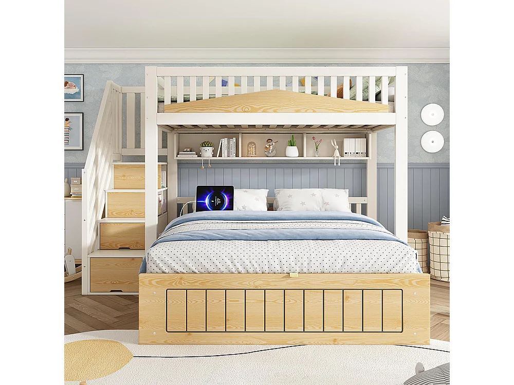 Lit superposé 90x200 et 140x200 cm, avec meuble escalier, barrières de sécurité et port USB-C, blanc et couleurs naturelles.