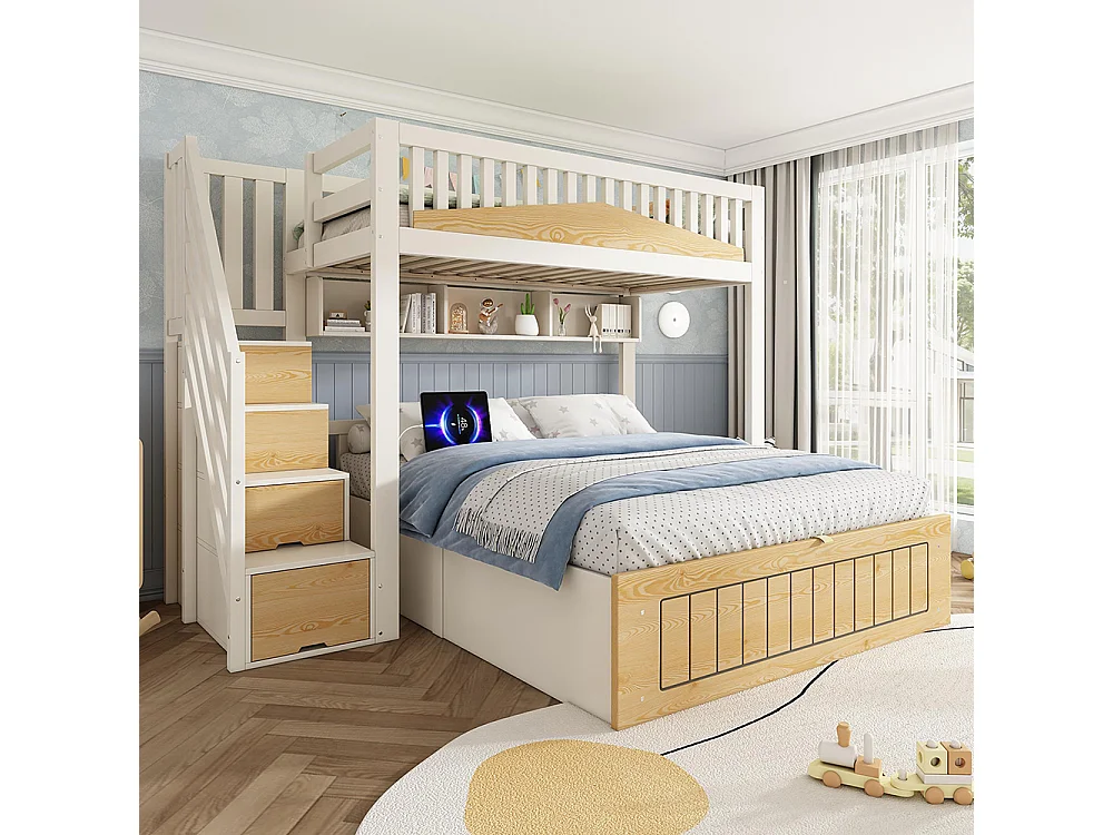 Lit superposé 90x200 et 140x200 cm, avec meuble escalier, barrières de sécurité et port USB-C, blanc et couleurs naturelles.