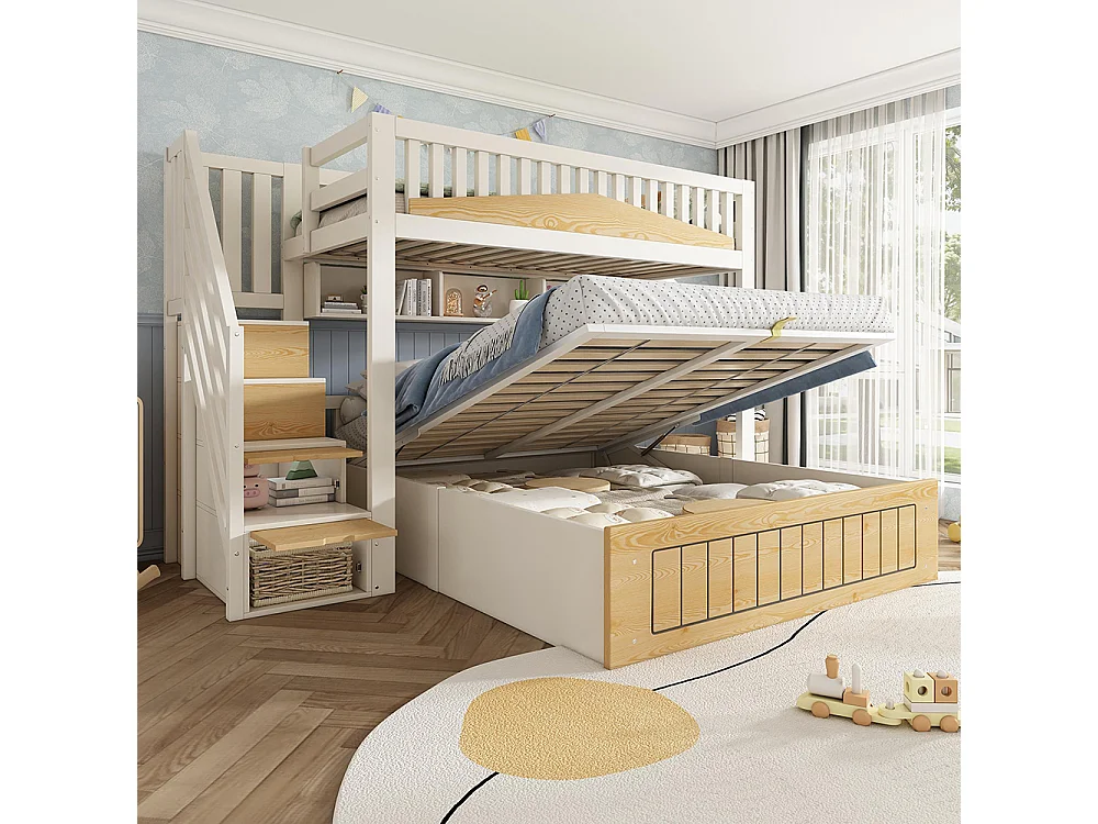Lit superposé 90x200 et 140x200 cm, avec meuble escalier, barrières de sécurité et port USB-C, blanc et couleurs naturelles.