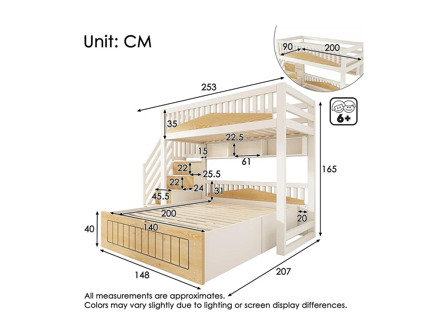 Lit superposé 90x200 et 140x200 cm, avec meuble escalier, barrières de sécurité et port USB-C, blanc et couleurs naturelles.