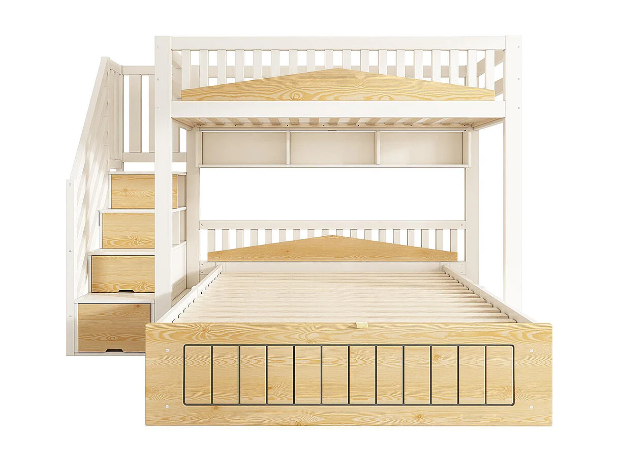 Lit superposé 90x200 et 140x200 cm, avec meuble escalier, barrières de sécurité et port USB-C, blanc et couleurs naturelles.