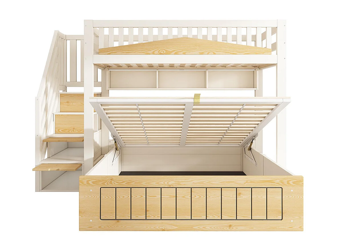 Lit superposé 90x200 et 140x200 cm, avec meuble escalier, barrières de sécurité et port USB-C, blanc et couleurs naturelles.