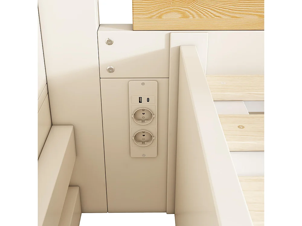 Lit superposé 90x200 et 140x200 cm, avec meuble escalier, barrières de sécurité et port USB-C, blanc et couleurs naturelles.