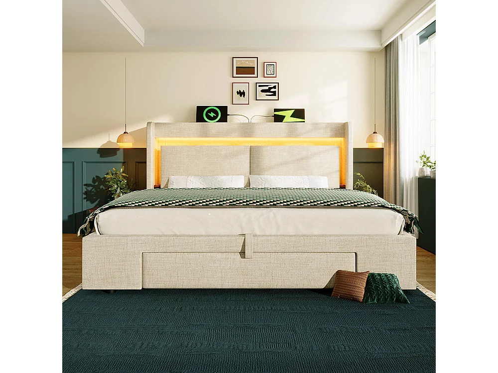 Lit adulte avec rangement hydraulique et compartiment de rangement, éclairage LED et ports USB et USB-C, beige, lin - 160x200 cm