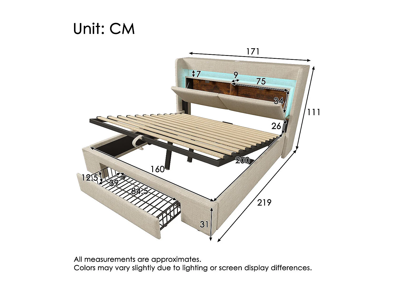 Lit adulte avec rangement hydraulique et compartiment de rangement, éclairage LED et ports USB et USB-C, beige, lin - 160x200 cm