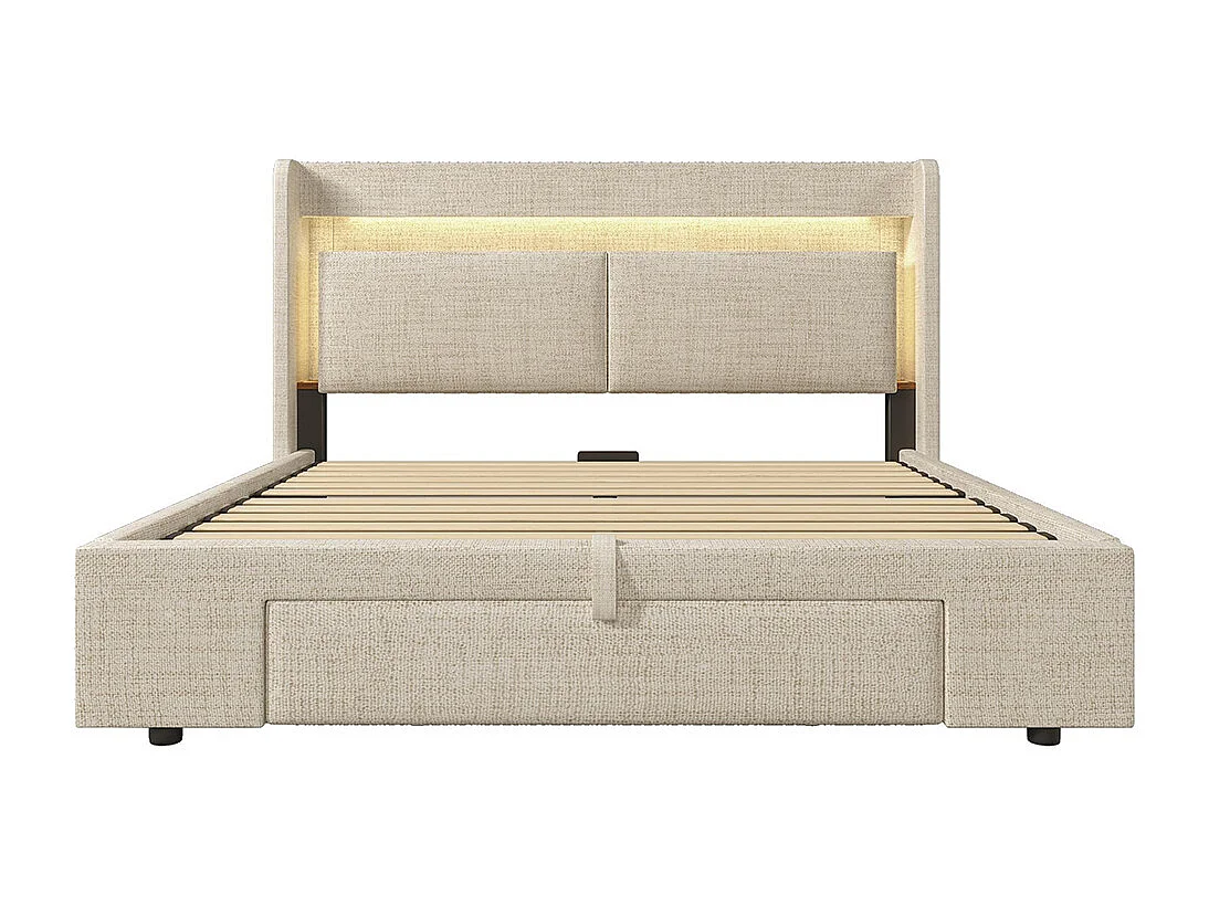 Lit adulte avec rangement hydraulique et compartiment de rangement, éclairage LED et ports USB et USB-C, beige, lin - 160x200 cm