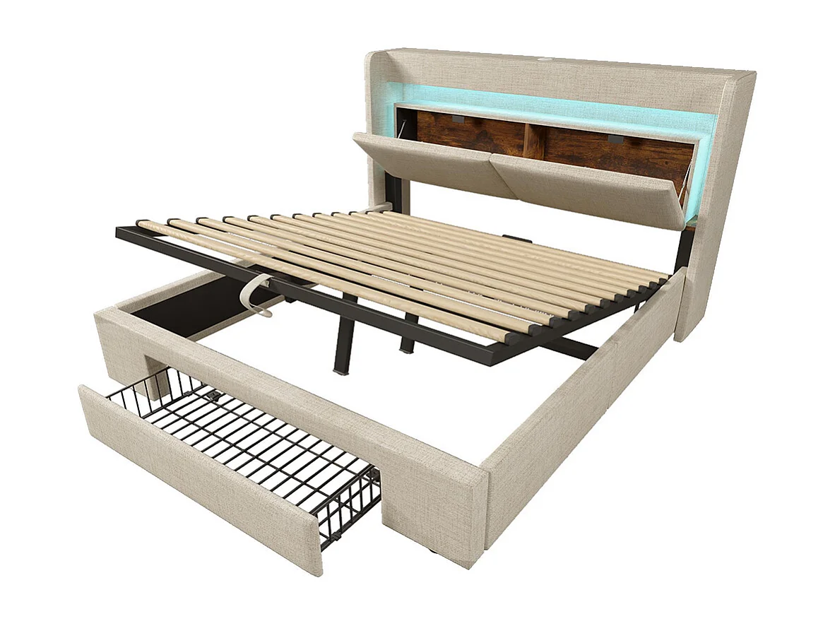 Lit adulte avec rangement hydraulique et compartiment de rangement, éclairage LED et ports USB et USB-C, beige, lin - 160x200 cm