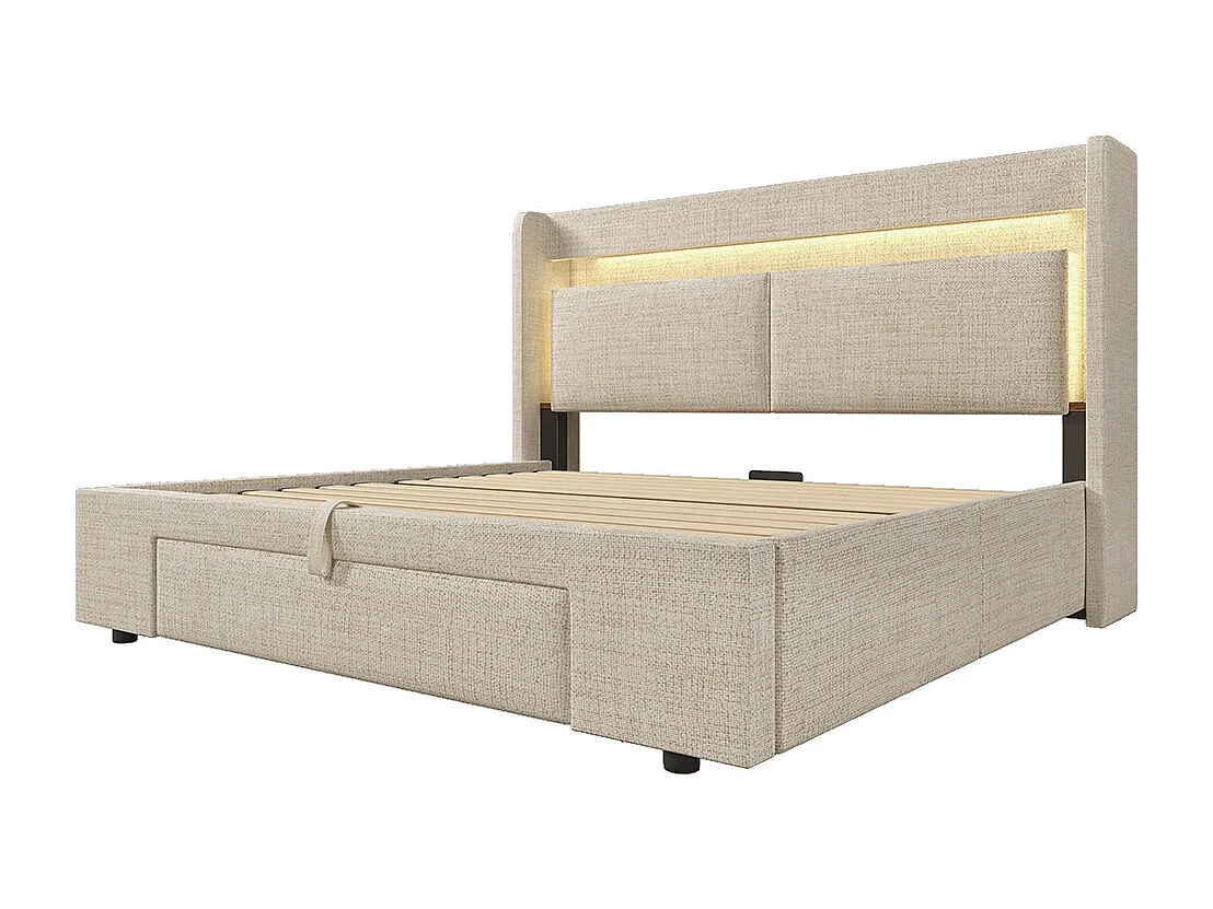 Lit adulte avec rangement hydraulique et compartiment de rangement, éclairage LED et ports USB et USB-C, beige, lin - 160x200 cm