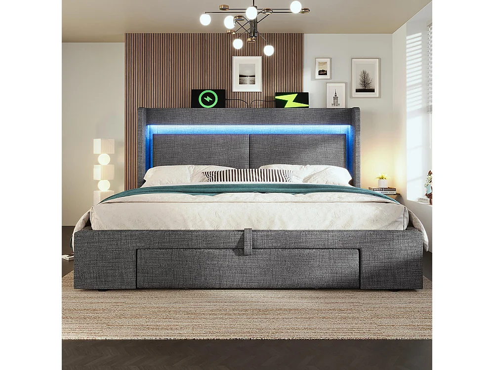 Lit adulte avec rangement hydraulique et tête de lit avec compartiment de rangement, éclairage LED et ports USB et USB-C, lin, gris - 160x200 cm