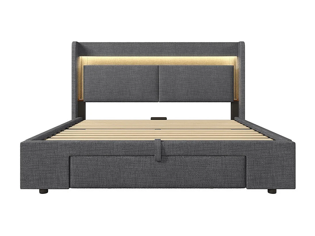 Lit adulte avec rangement hydraulique et tête de lit avec compartiment de rangement, éclairage LED et ports USB et USB-C, lin, gris - 160x200 cm
