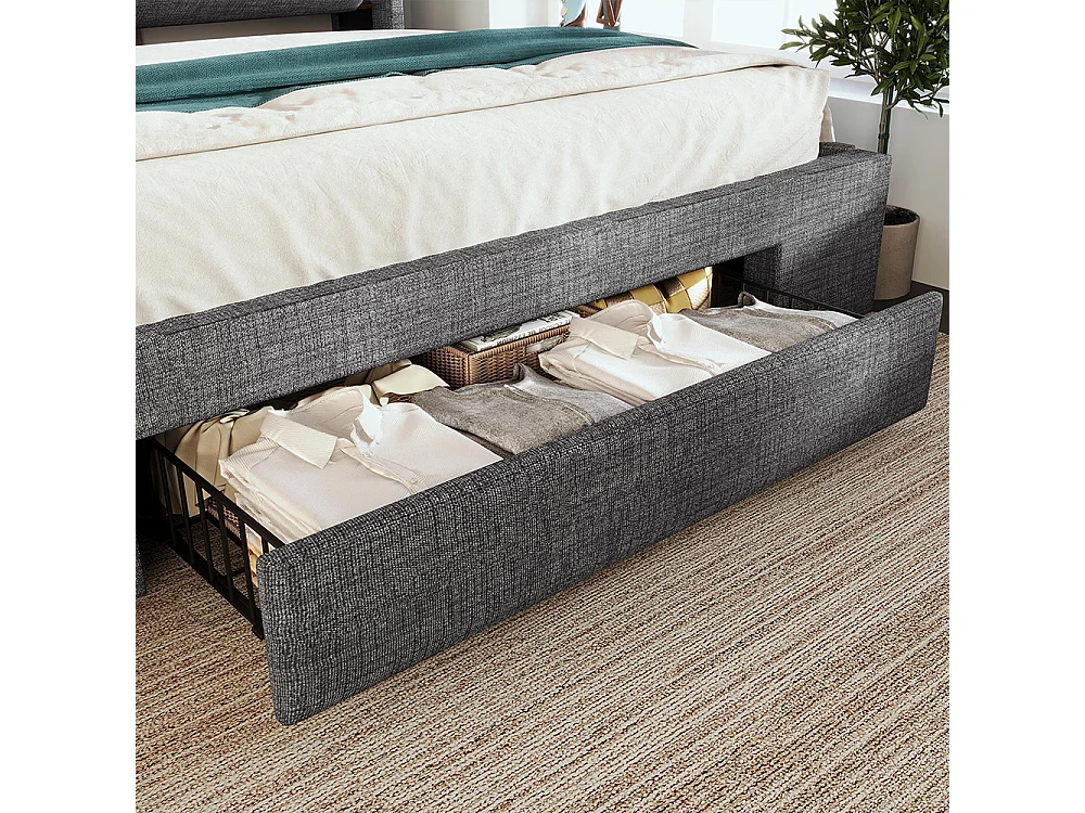 Lit adulte avec rangement hydraulique et tête de lit avec compartiment de rangement, éclairage LED et ports USB et USB-C, lin, gris - 160x200 cm