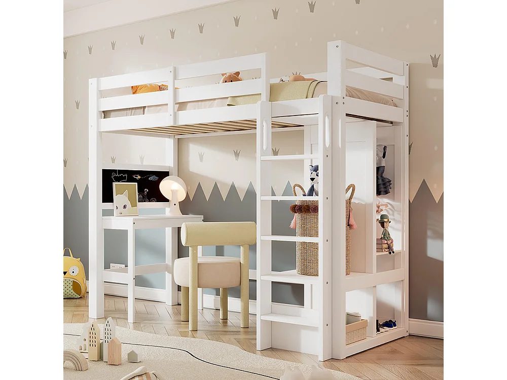 Letto per bambini 90x200 cm, con scrivania, armadio aperto e scaffali, protezione anticaduta, bianco