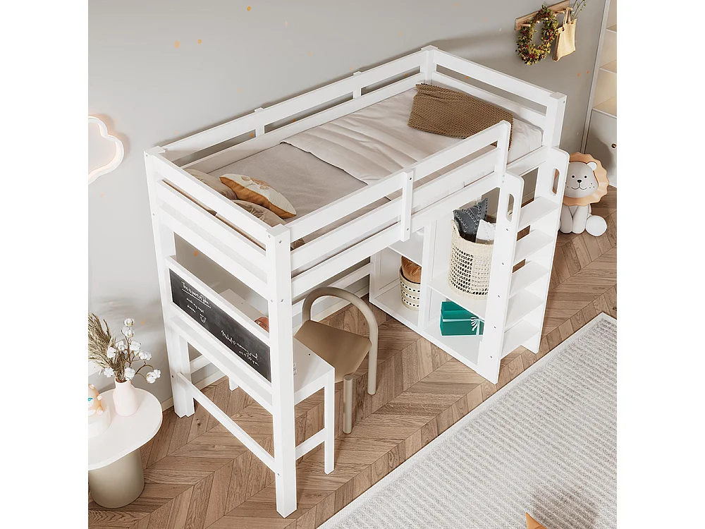 Letto per bambini 90x200 cm, con scrivania, armadio aperto e scaffali, protezione anticaduta, bianco