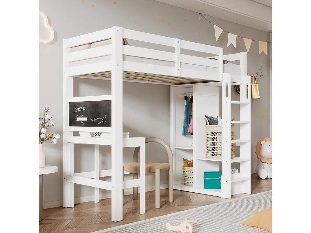 Letto per bambini 90x200 cm, con scrivania, armadio aperto e scaffali, protezione anticaduta, bianco