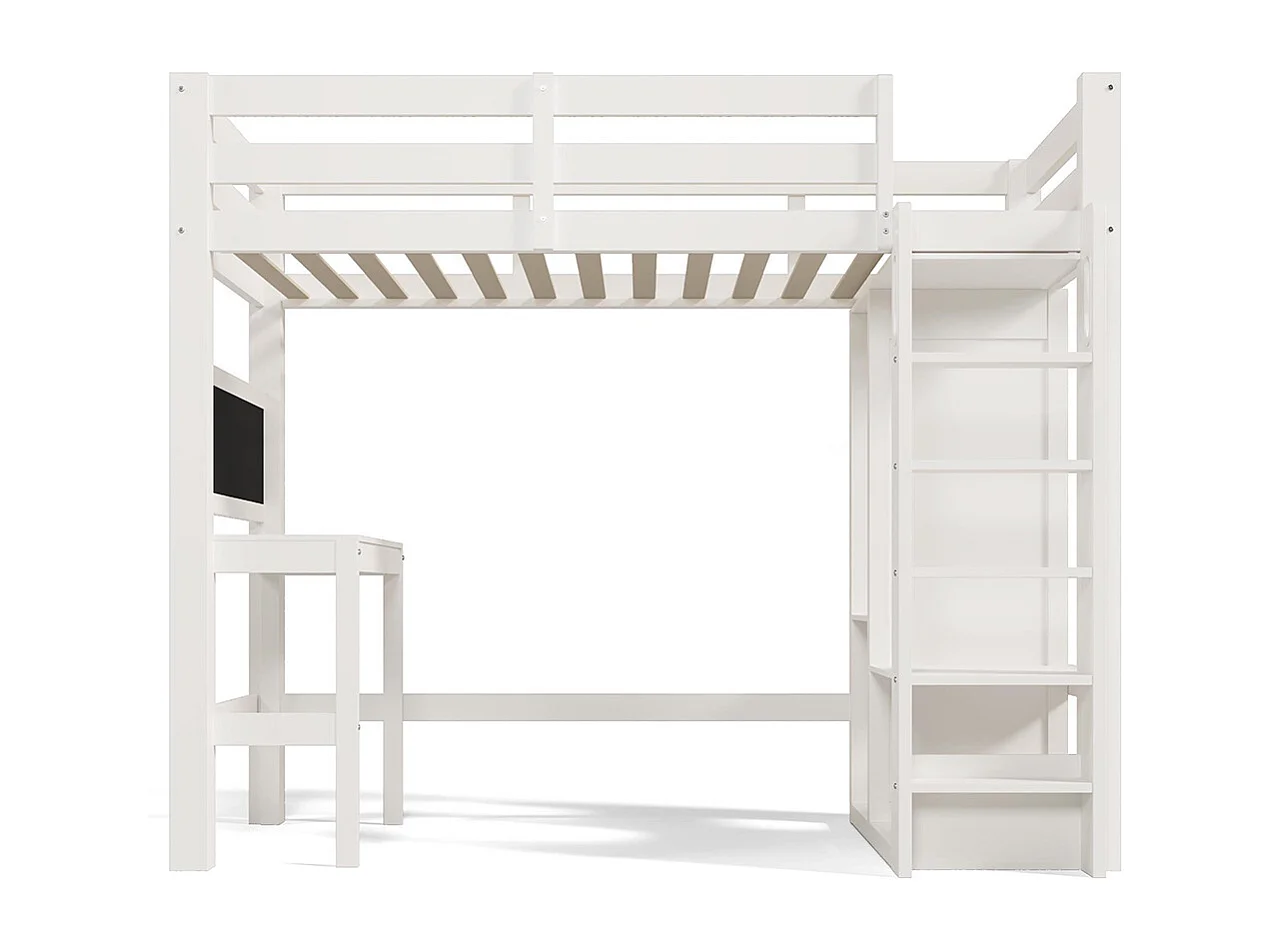 Letto per bambini 90x200 cm, con scrivania, armadio aperto e scaffali, protezione anticaduta, bianco