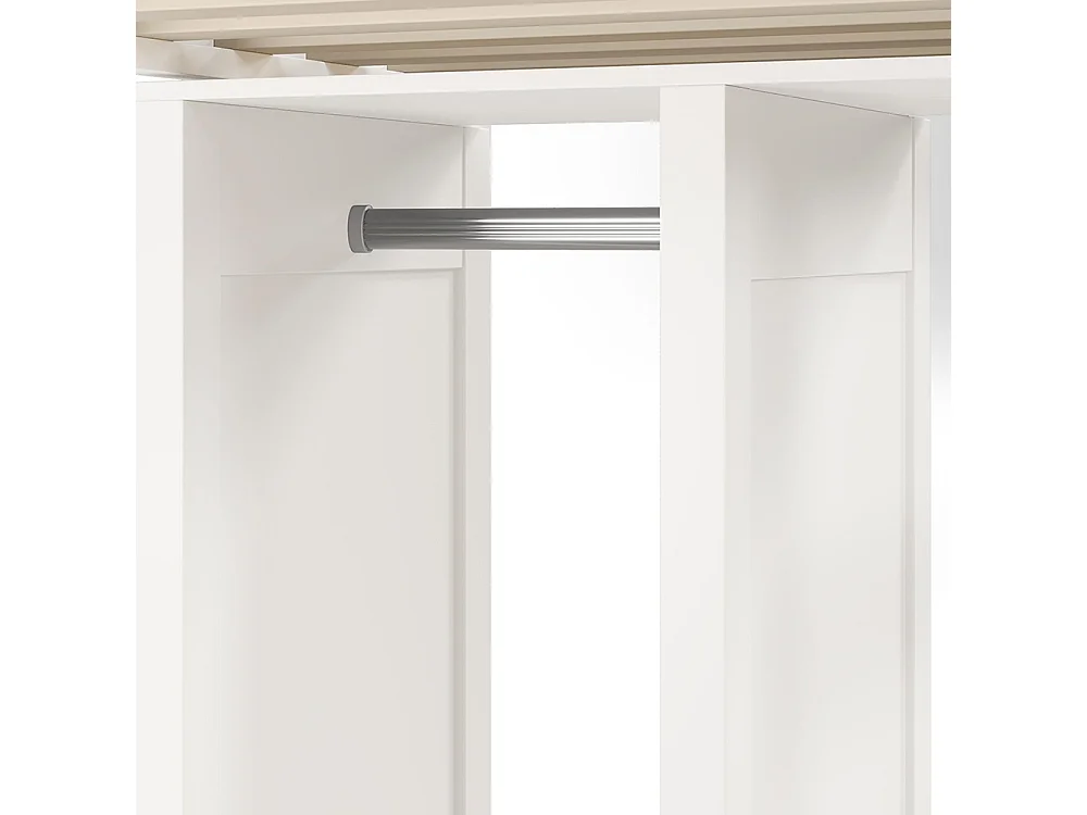 Letto per bambini 90x200 cm, con scrivania, armadio aperto e scaffali, protezione anticaduta, bianco