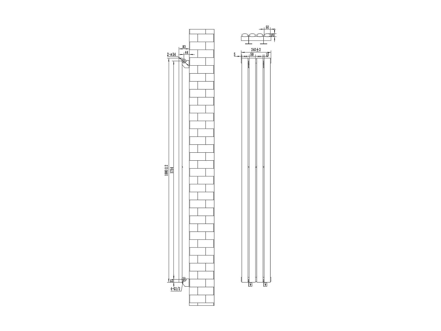 Verticaal design radiator ovaal - 1 kolom - wit - 1800 x 240 mm