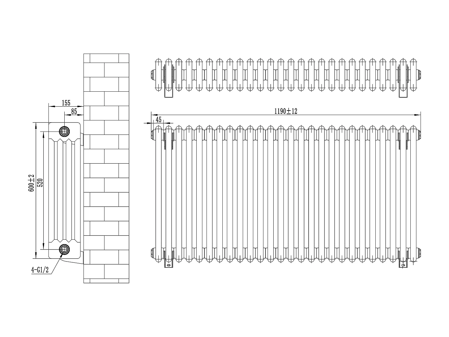 Radiador Horizontal 4 Colunas 600x1190 mm - Cinza Antracite, Aço Carbono 1.5 mm, 1512 W, Alta Eficiência, Fácil Instalação, Durável e Design Clássico