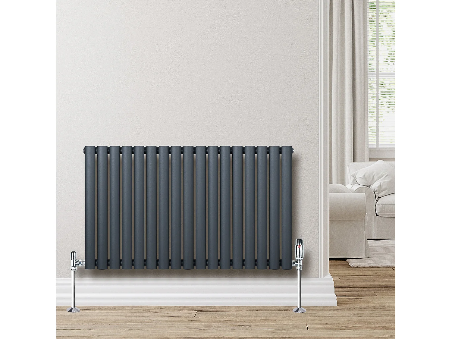Horizontale design radiator ovaal 1 kolom - grijs 600x1020 mm thermostaatkraan
