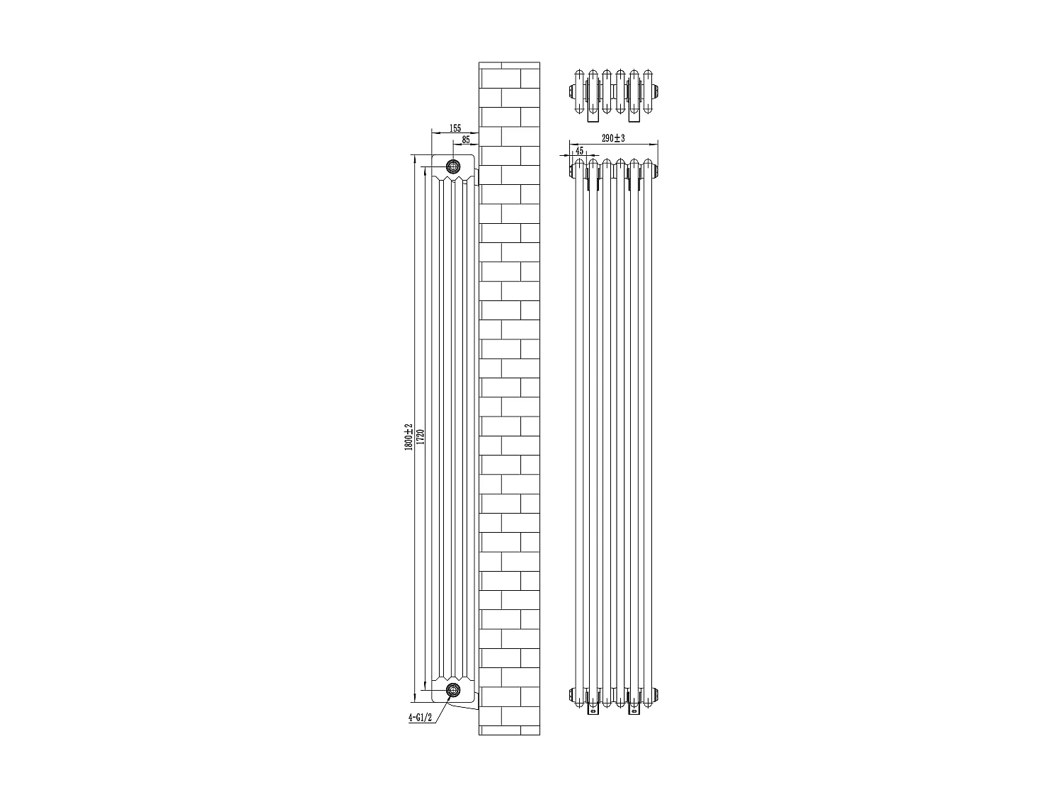 Radiador Tradicional Vertical 4 Columnas - Gris Antracita | 1800mm x 290mm | Acero Premium 1728W | Soportes, Kit, Cepillo | Garantía 15 Años | Calefacción