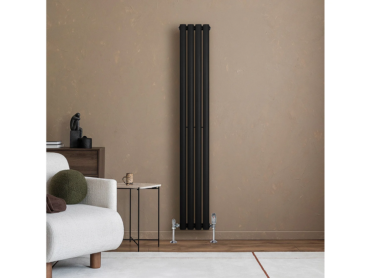 Verticale design radiator ovaal 1 kolom - zwart 1600x240 mm thermostaatkraan
