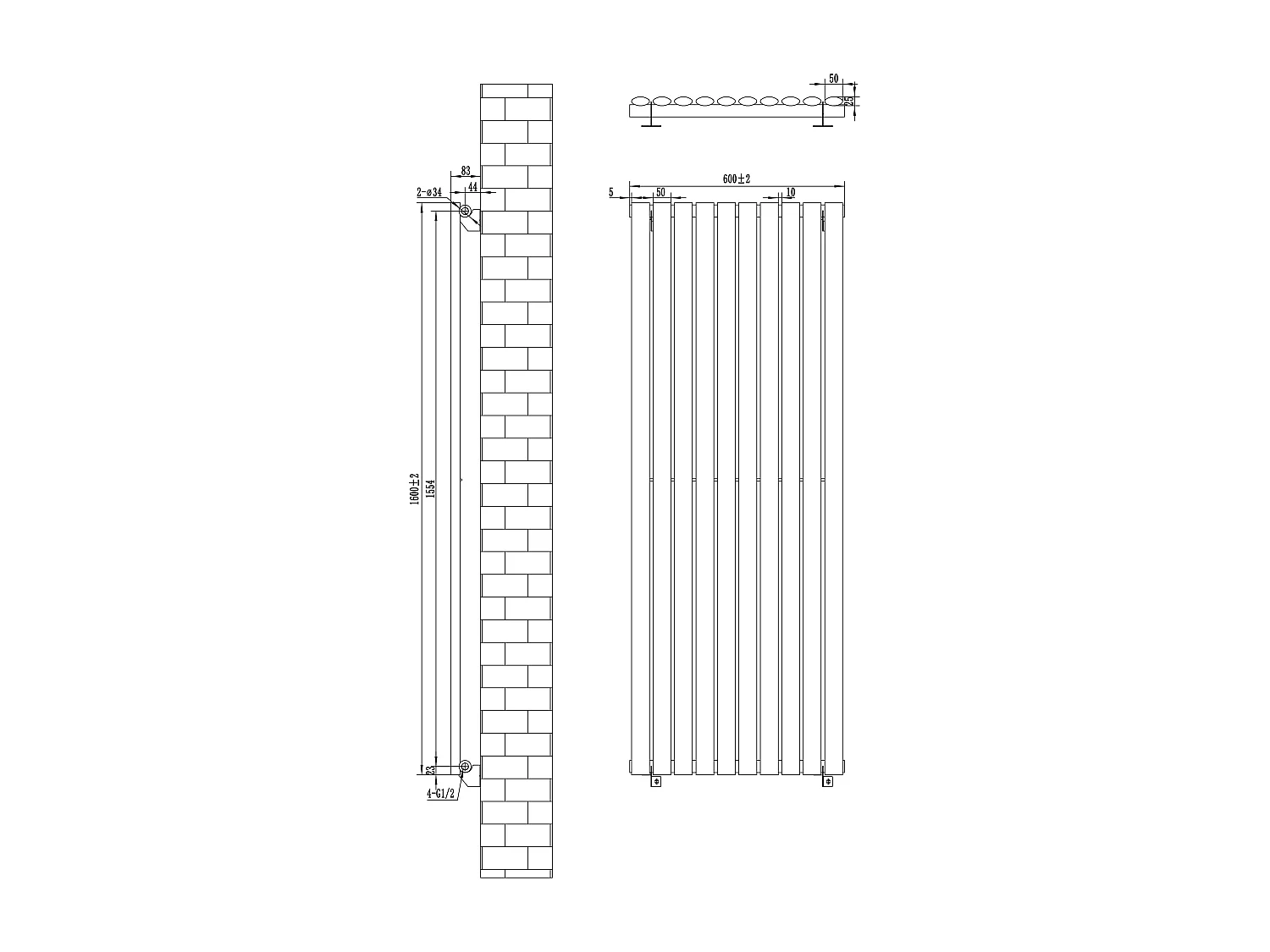 Verticale design radiator ovaal 1 kolom - wit 1600x600 mm thermostaatkraan