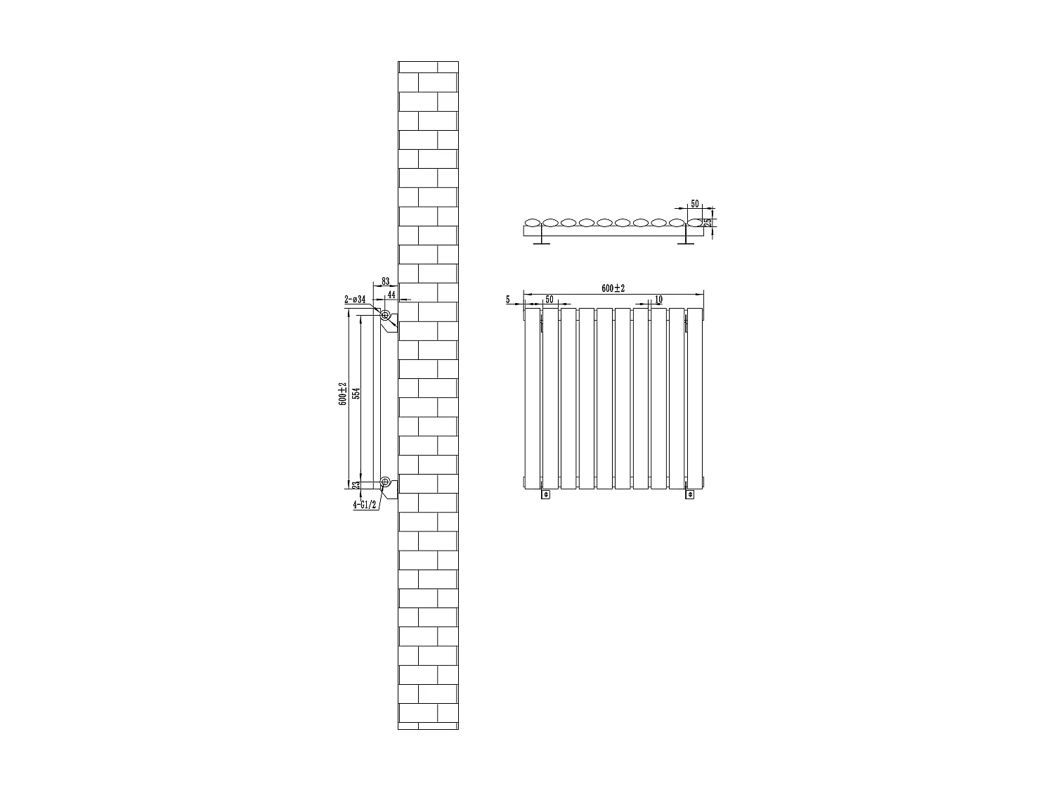 Horizontaal design radiator ovaal - 1 kolom - antraciet grijs - 600 x 600 mm