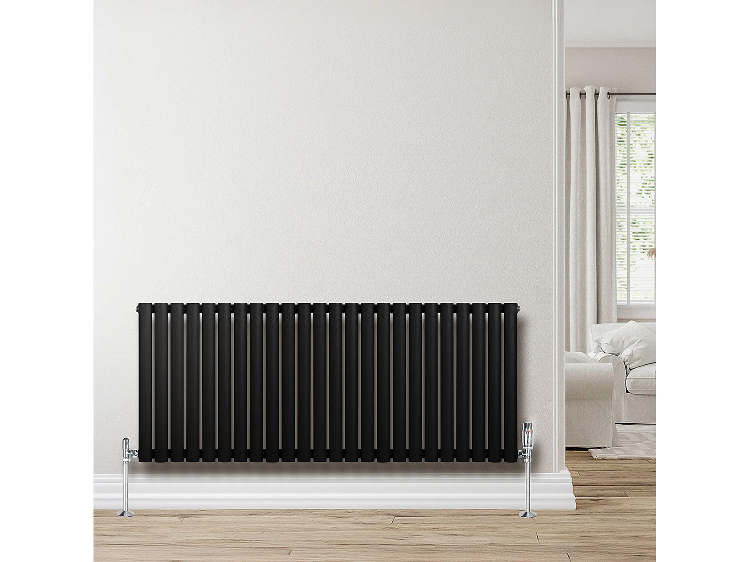 Horizontale design radiator ovaal 1 kolom - zwart 600x1400 mm thermostaatkraan