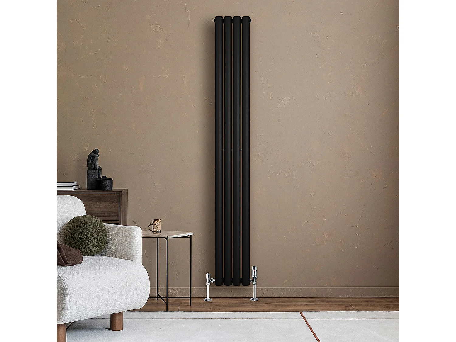 Verticale design radiator ovaal 1 kolom - zwart 1800x240 mm thermostaatkraan