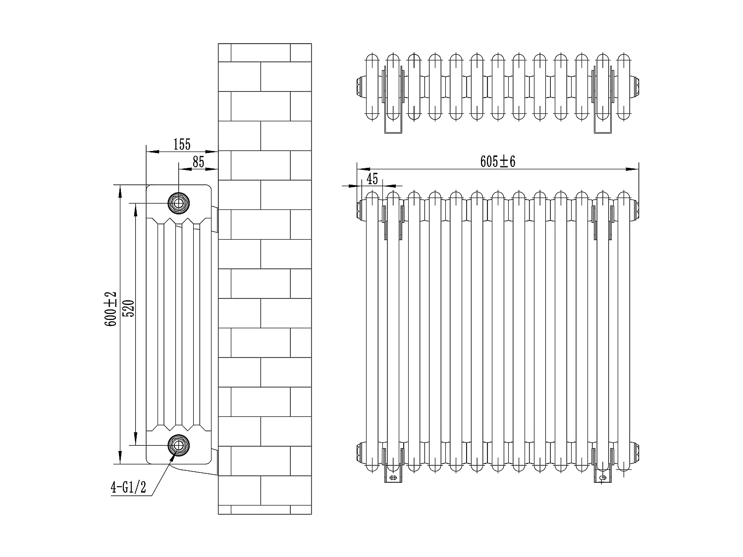 Radiador Tradicional Horizontal 4 Columnas - Blanco| 600mm x 605mm | Acero Premium 756 W | Soportes, Kit, Cepillo | Garantía 15 Años | Calefacción