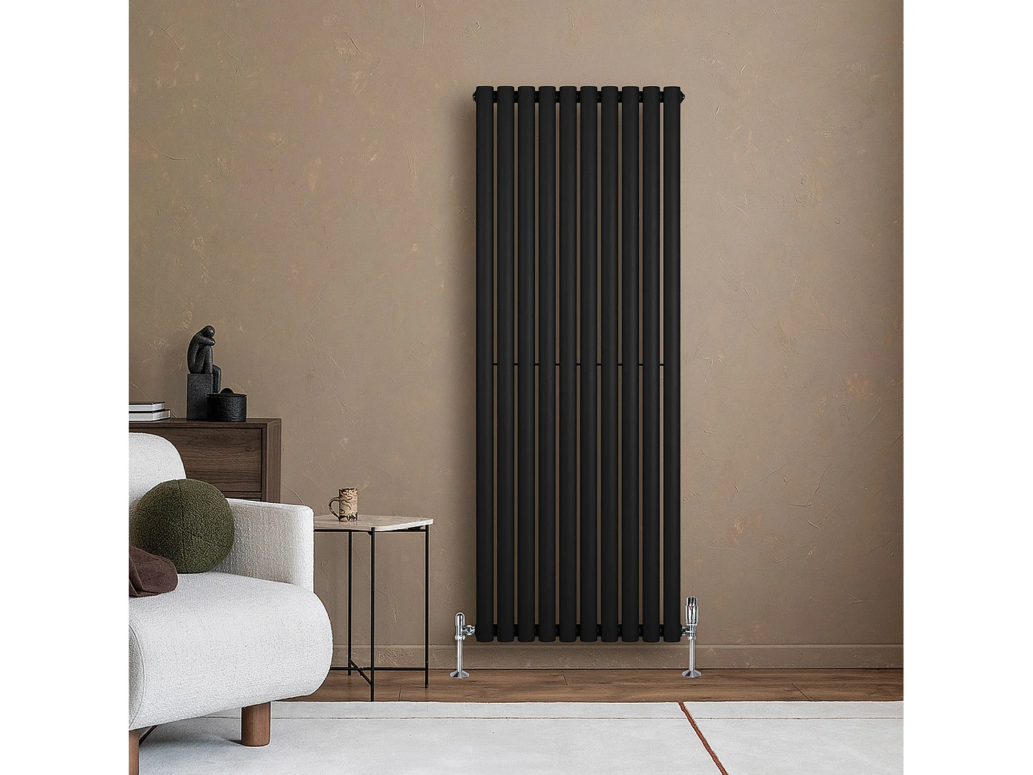 Verticale design radiator ovaal 1 kolom - zwart 1600x600 mm thermostaatkraan