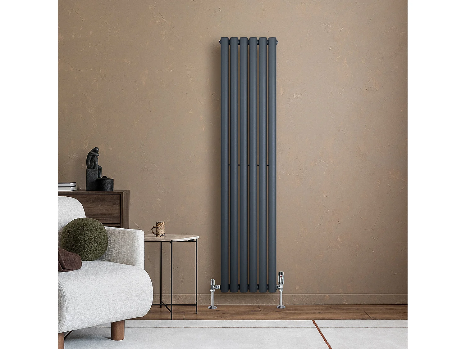 Verticale design radiator ovaal 1 kolom - grijs 1600x360 mm thermostaatkraan