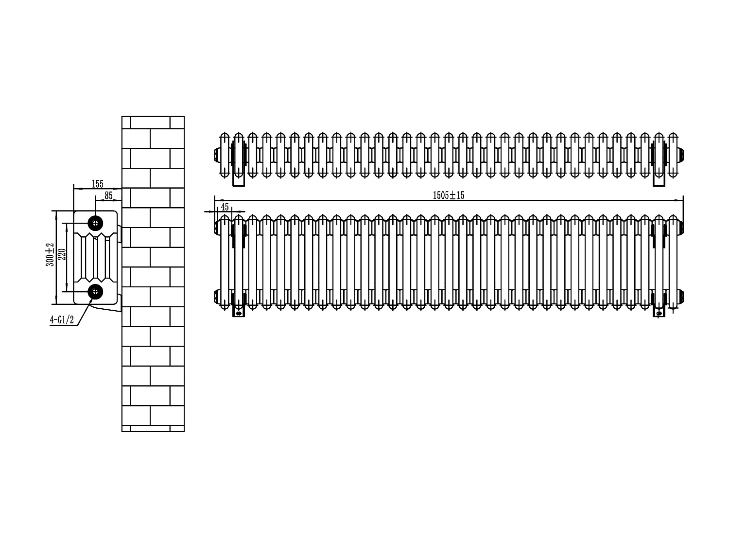 Radiatore Tradizionale 4 Colonne Orizzontale Antracite 300 x 1505 mm