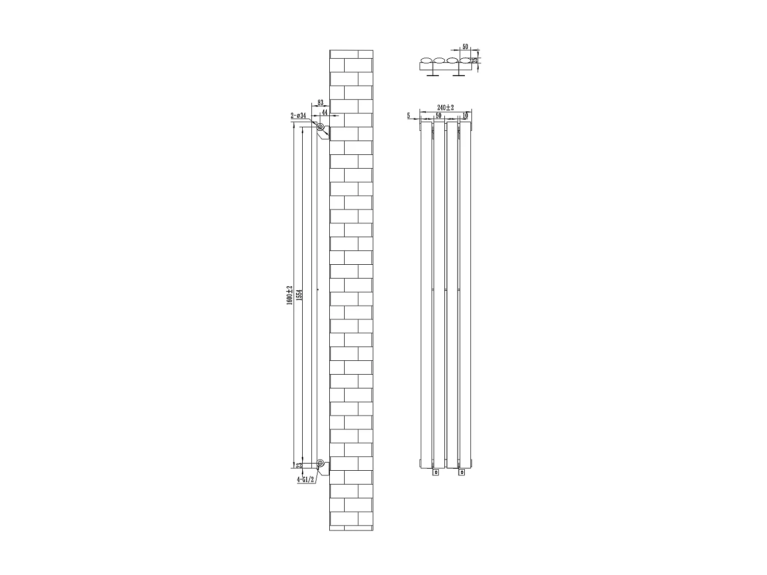 Verticale design radiator ovaal 1 kolom - grijs 1600x240 mm thermostaatkraan
