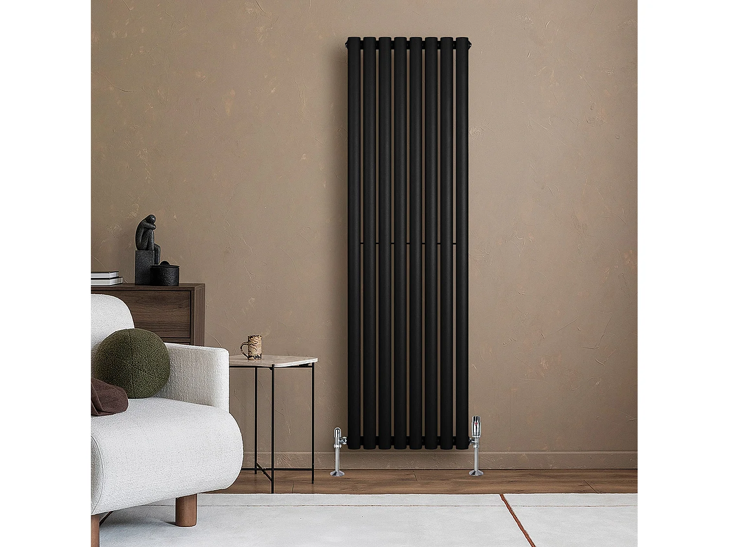 Verticale design radiator ovaal 1 kolom - zwart 1600x480 mm thermostaatkraan