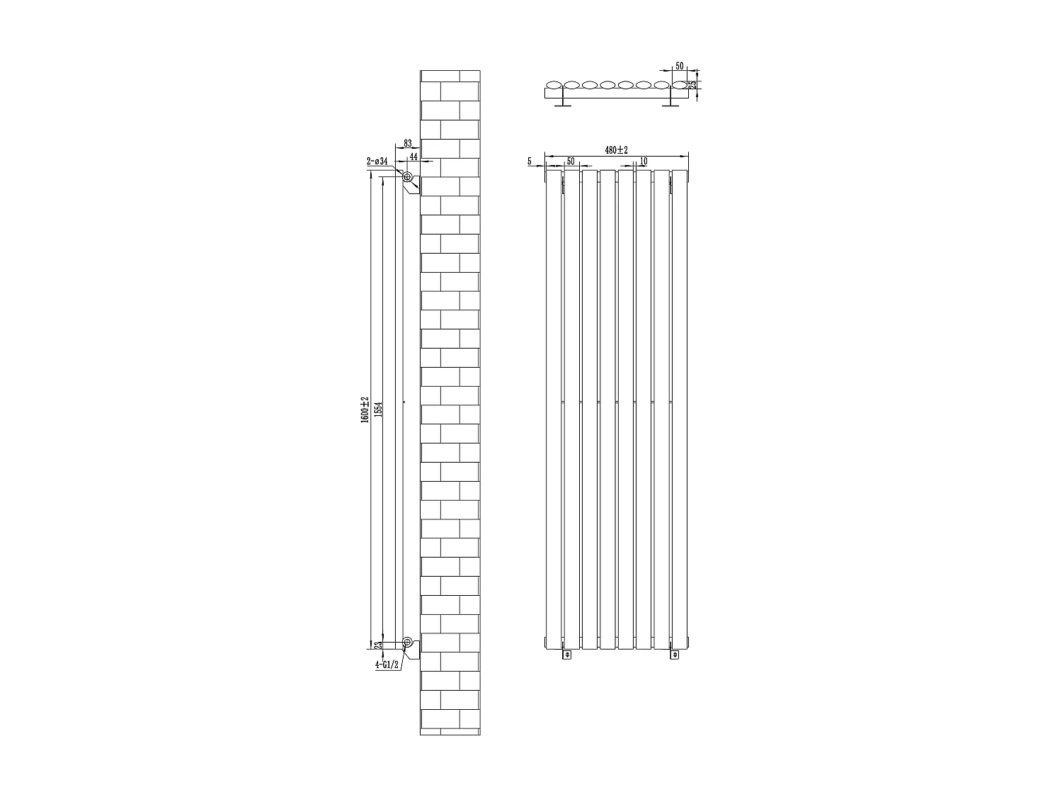 Verticale design radiator ovaal 1 kolom - zwart 1600x480 mm thermostaatkraan