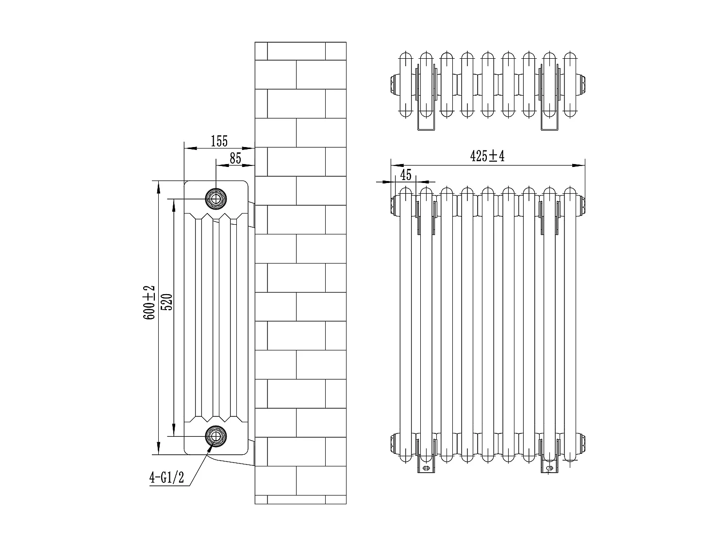Radiador Tradicional Horizontal 4 Columnas - Negro | 600mm x 425mm | Acero Premium 523 W | Soportes, Kit, Cepillo | Garantía 15 Años | Calefacción